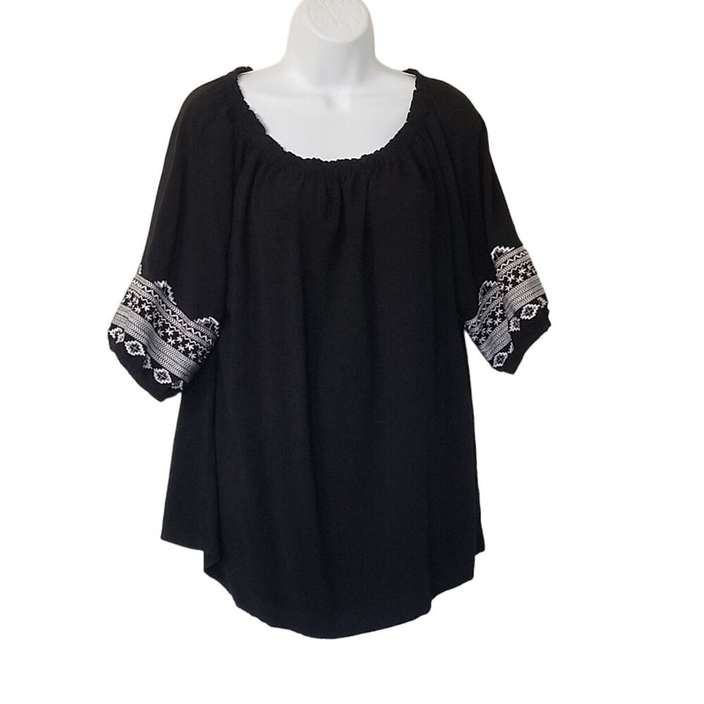 Cowgirl Hardware‎ Womens Soft Knit Peasant Top Western XL Embroidered Black